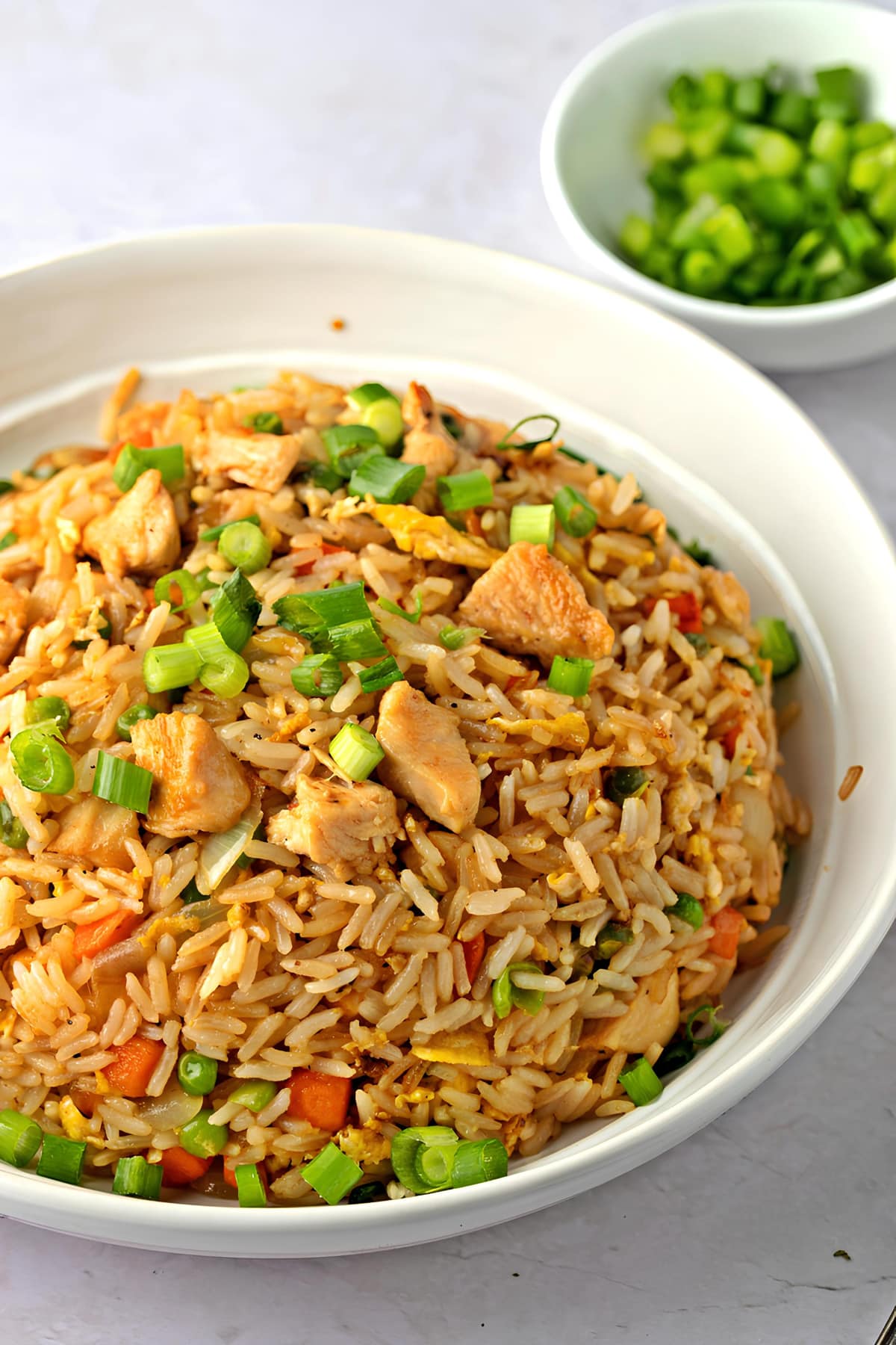 A Plate of Chicken Fried Rice with Vegetables and Eggs