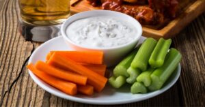 Appetizing Blue Cheese Dressing with Vegetables, Buffalo Chicken Wings and Beer