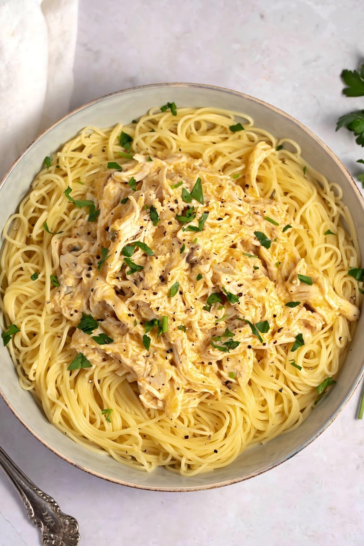 Bowl of Homemade Crockpot Angel Chicken Pasta
