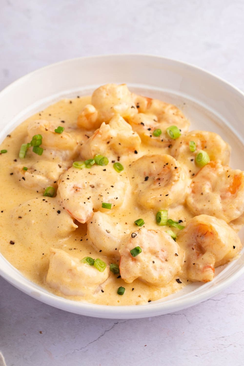 Creamy Shrimp Newburg in a White Bowl