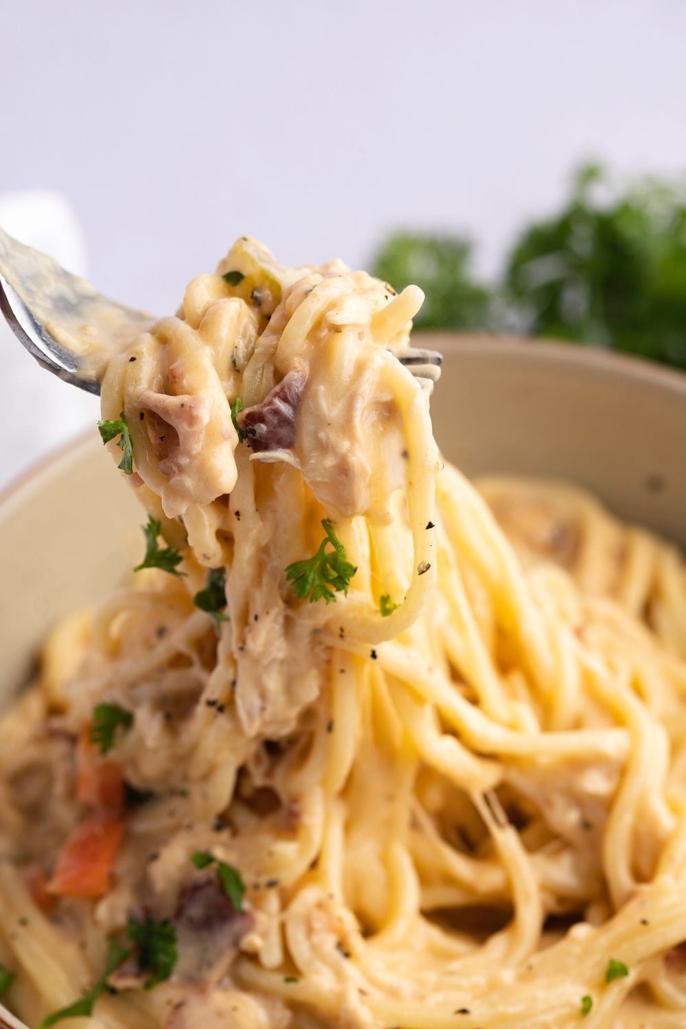 Flavorful and Creamy Crack Chicken Noodle Soup Taken Out of a Bowl with a Fork