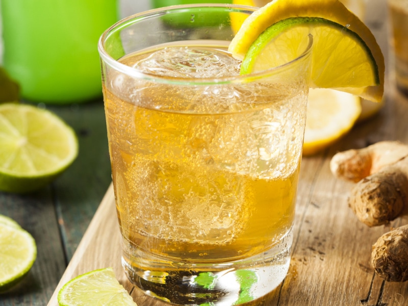 Organic Ginger Ale Soda in a Glass with Lemon and Lime