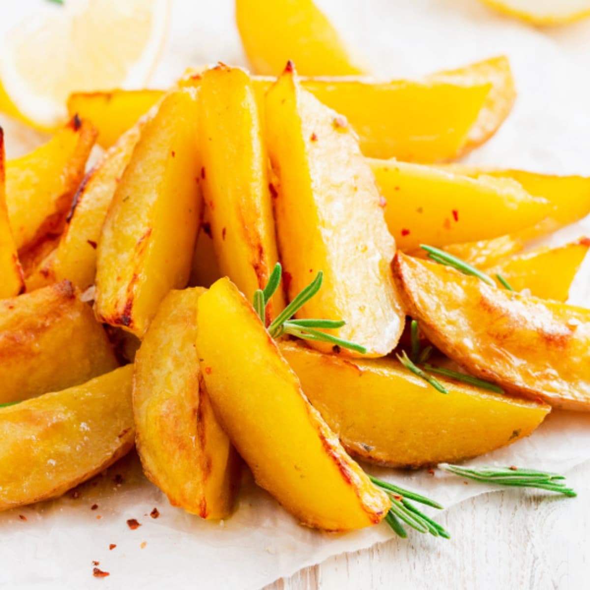 Pile of Homemade Crispy Greek Lemon Potato Wedges with Rosemary