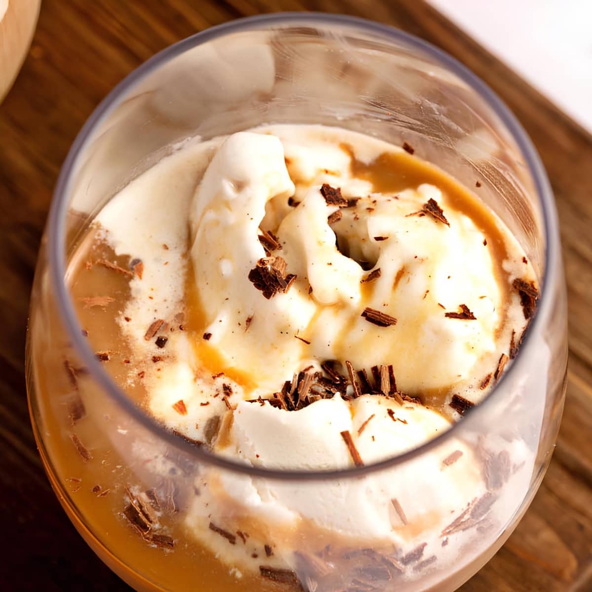 Homemade Affogato Ice Cream in a Wooden Board