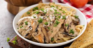 Homemade Chicken Marsala with Mushrooms and Gravy Sauce with Bread