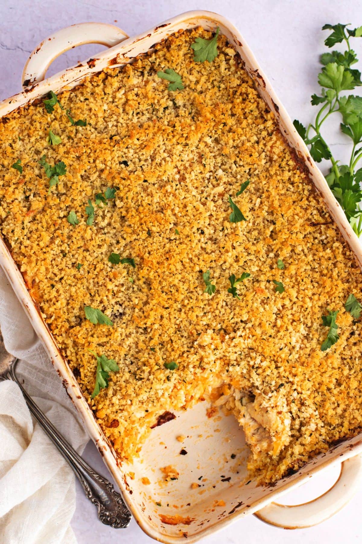 Homemade Crack Chicken Casserole Topped with Parsley