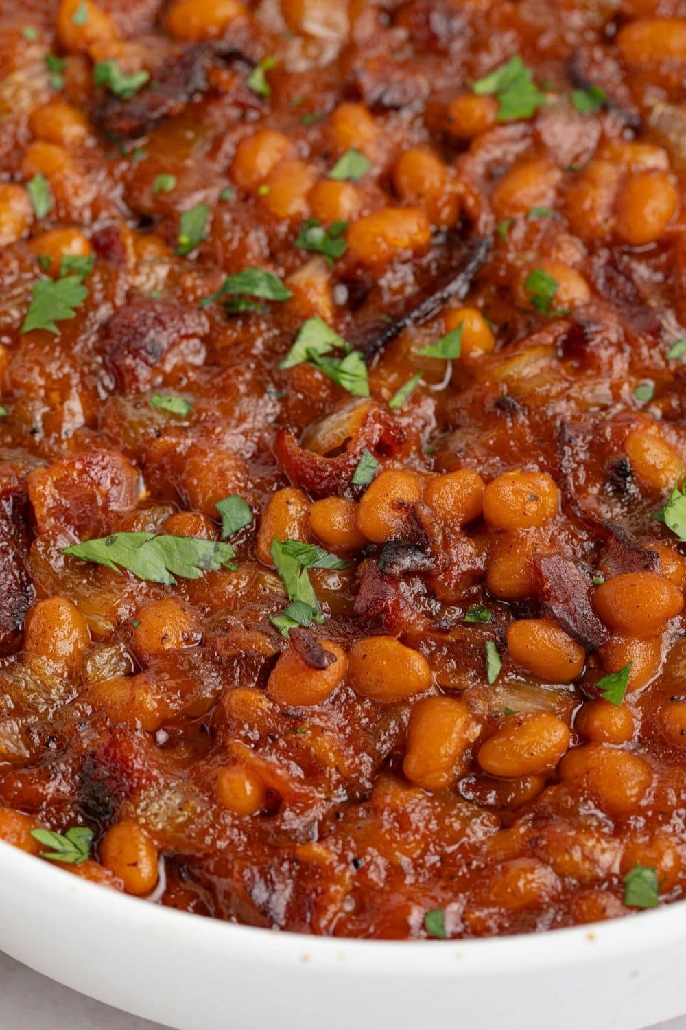 Homemade Paula Deen Baked Beans in a Bowl