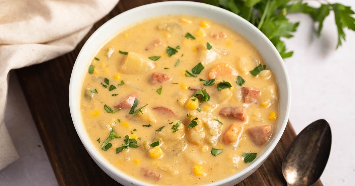 Homemade Sausage Potato Soup with Corn and Parsley