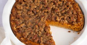 Homemade Sweet Potato Pecan Pie in a Round Casserole