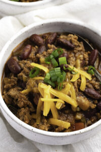 Homemade Tim Horton's Chili with Ground Beef, Kidney Beans, Cheese and Tomatoes