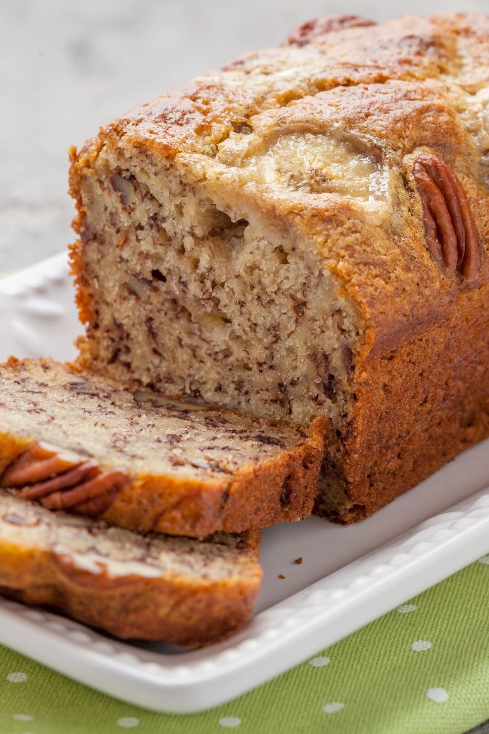 Sliced Paula Deen Banana Bread with Pecans