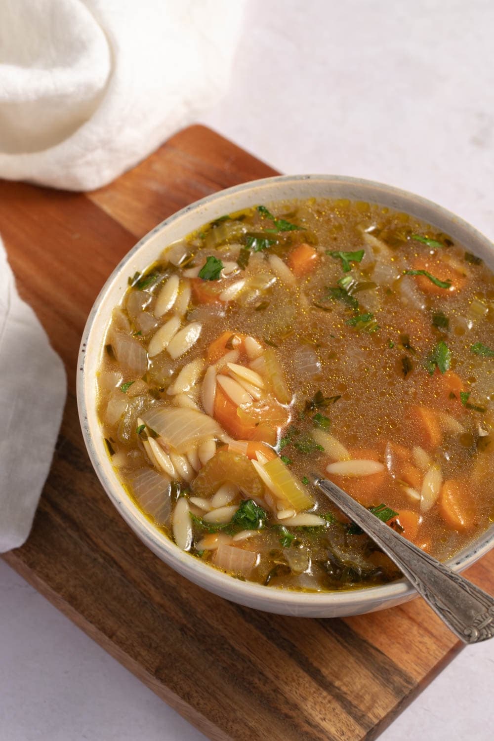 Warm Vegetable Soup with Orzo, Carrots and Parsley