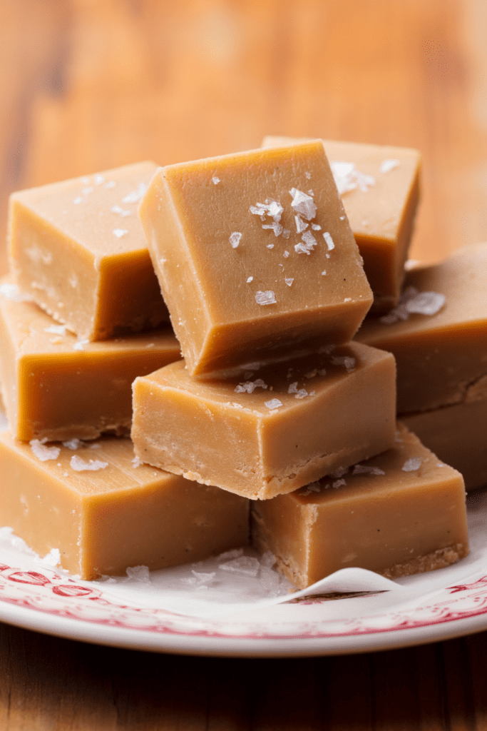 Homemade Peanut Butter Fudge Garnished with Flaky Sea Salt